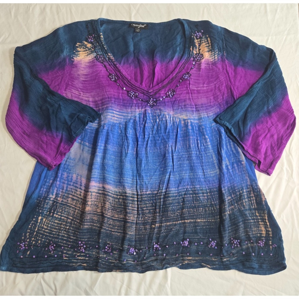 Boho Tie Dye Babydoll Top L XL Blue Purple Beaded Sheer Rayon Festival Hippie